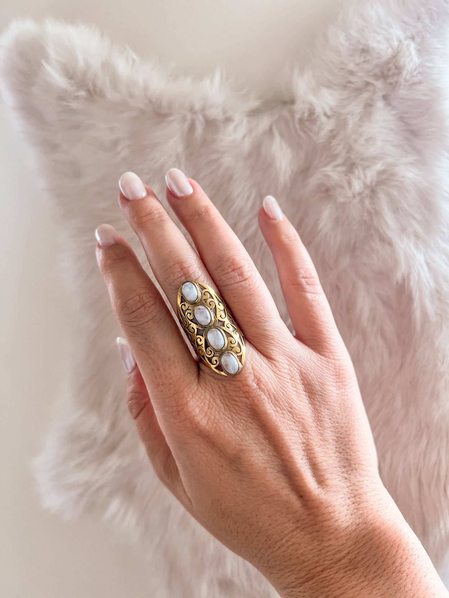 Filigree Brass Ring with 4 Moonstone