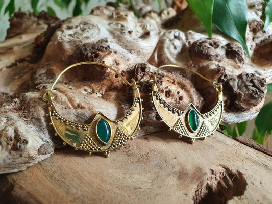 Green Onyx Brass Ethnic Hoops