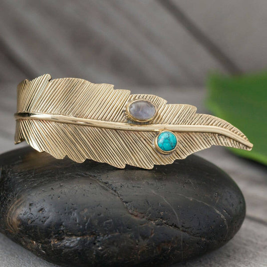 Adjustable Brass Crosswind Feather Ring with Stones: 8