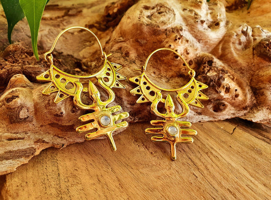 Inca Moonstone & Brass Earrings Ethnic