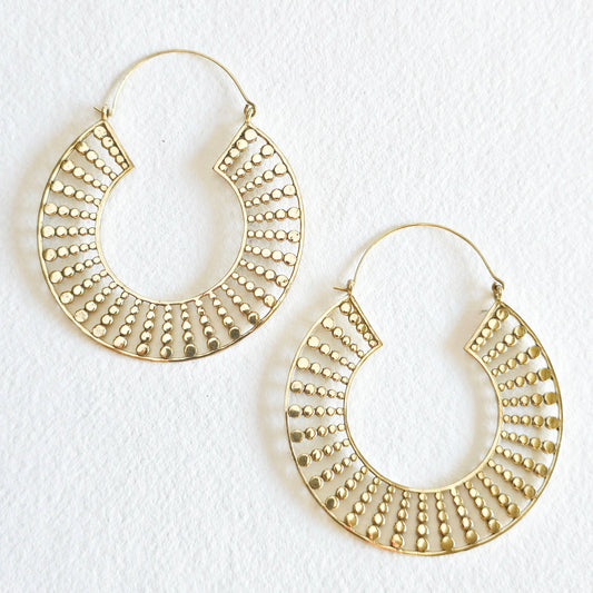 Brass big bold hoop earrings large dotted beaded style