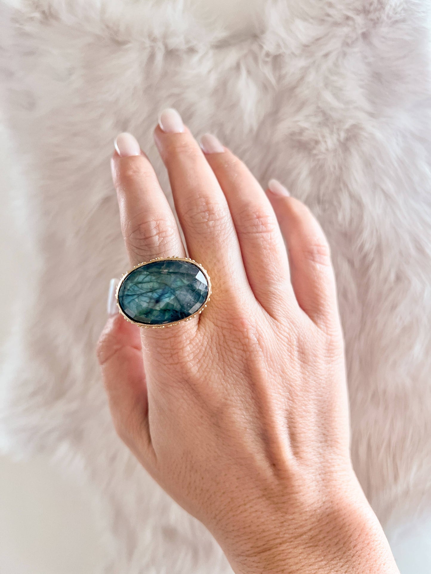 Large Brass Cocktail Ring Faceted Labradorite: 8