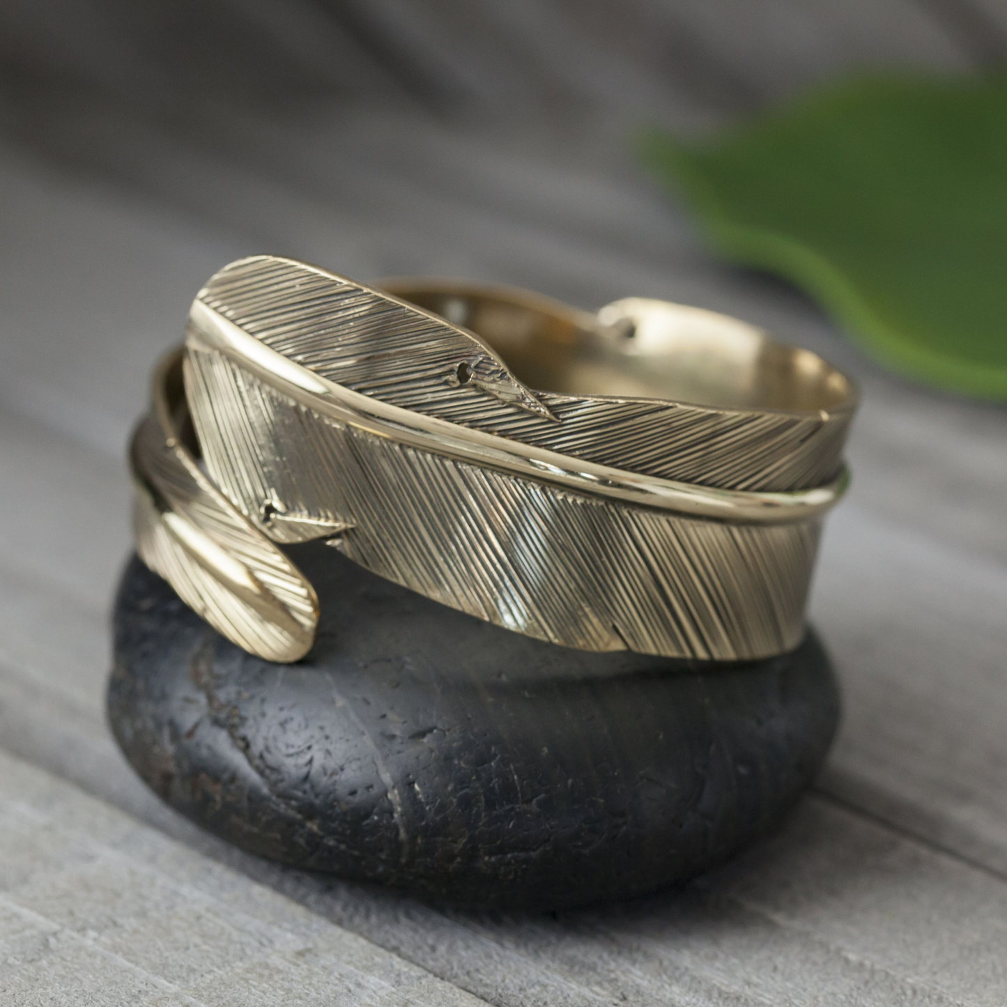 Adjustable Feather Cuff Bracelet: Brass