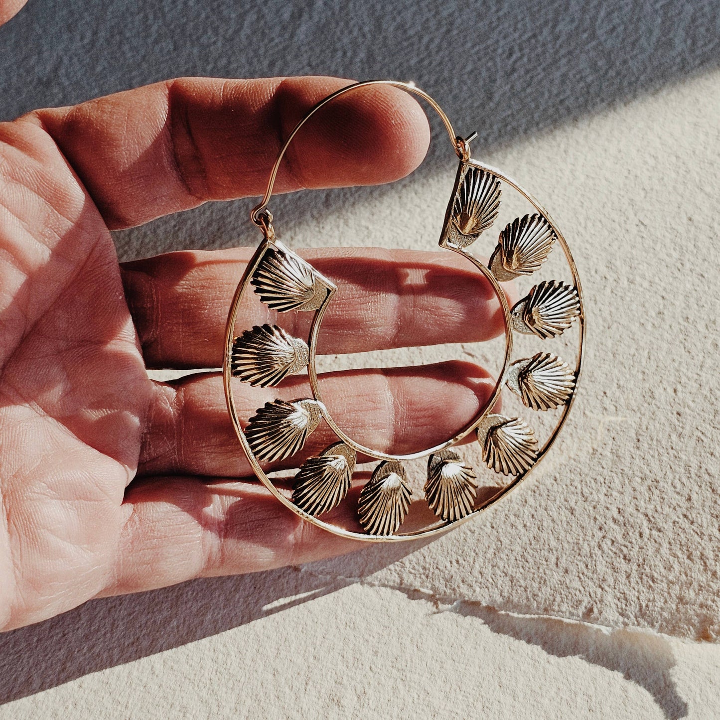 Brass big bold hoop earrings large seashells