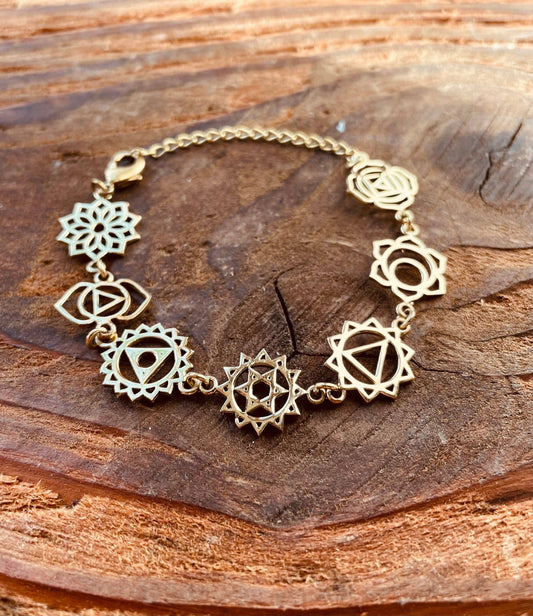 Gold Seven 7 Chakras Bracelet Brass Chain