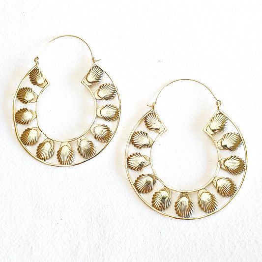 Brass big bold hoop earrings large seashells
