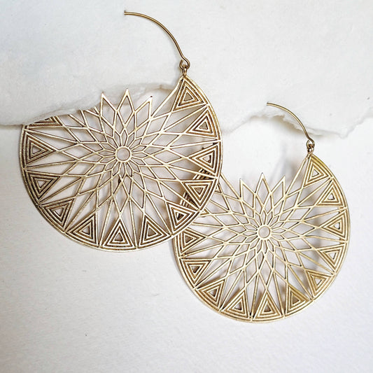 Brass big bold hoop earrings large size: Starburst