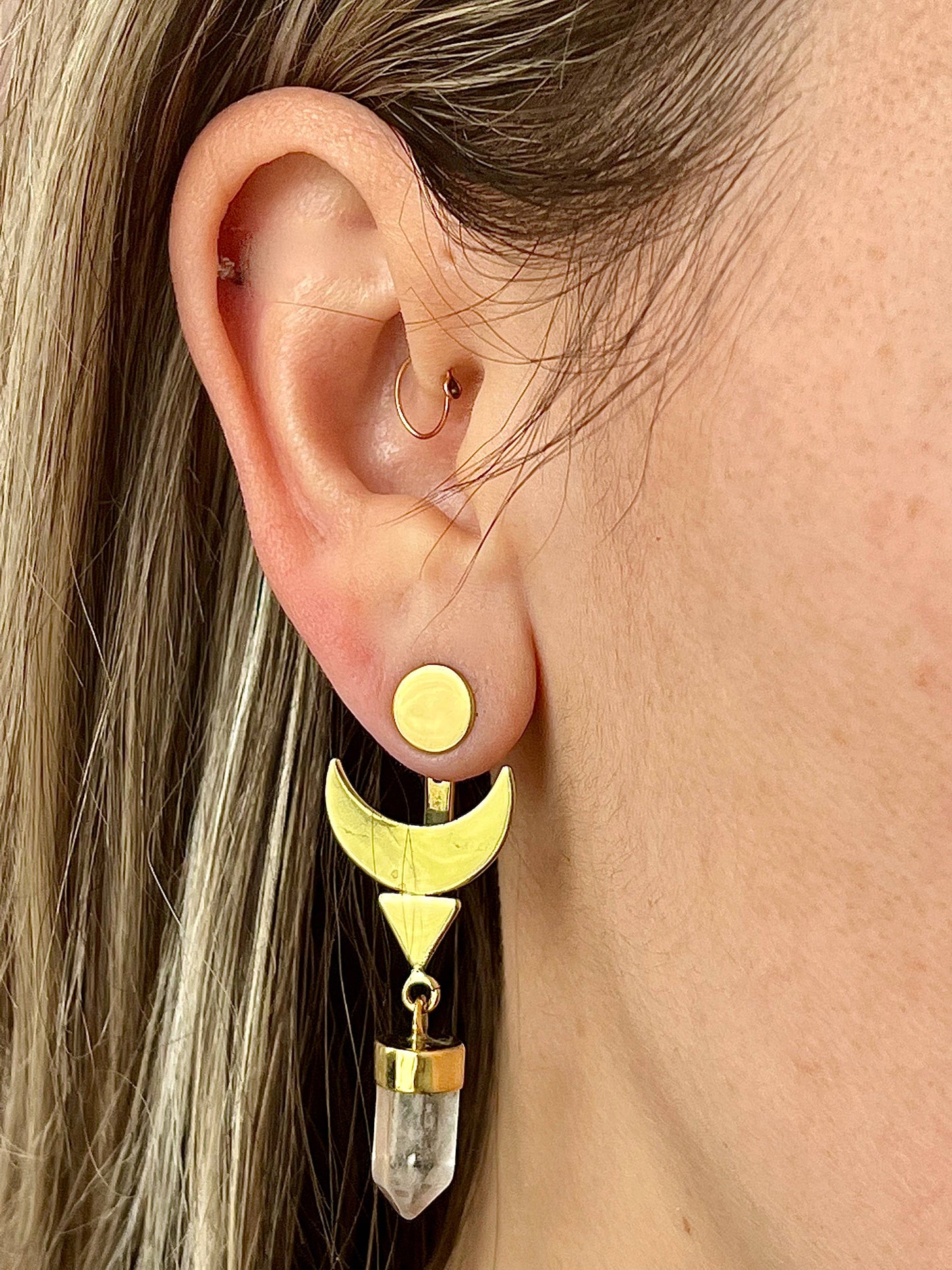 Crescent Design Ear Jacket with Natural Crystal: Sterling Silver