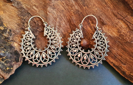 Boho Mandala Flower Silver Hoop