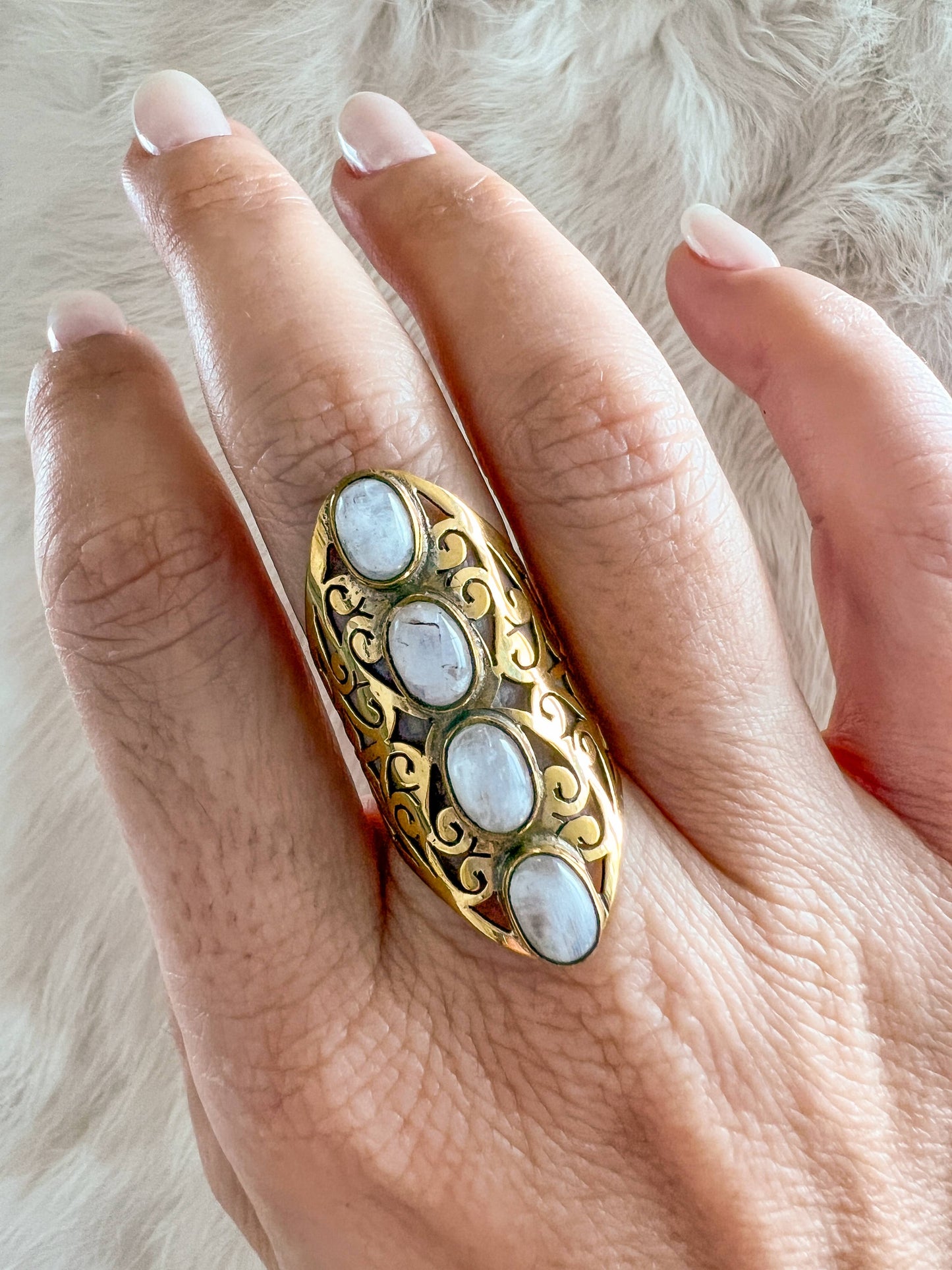 Filigree Brass Ring with 4 Moonstone