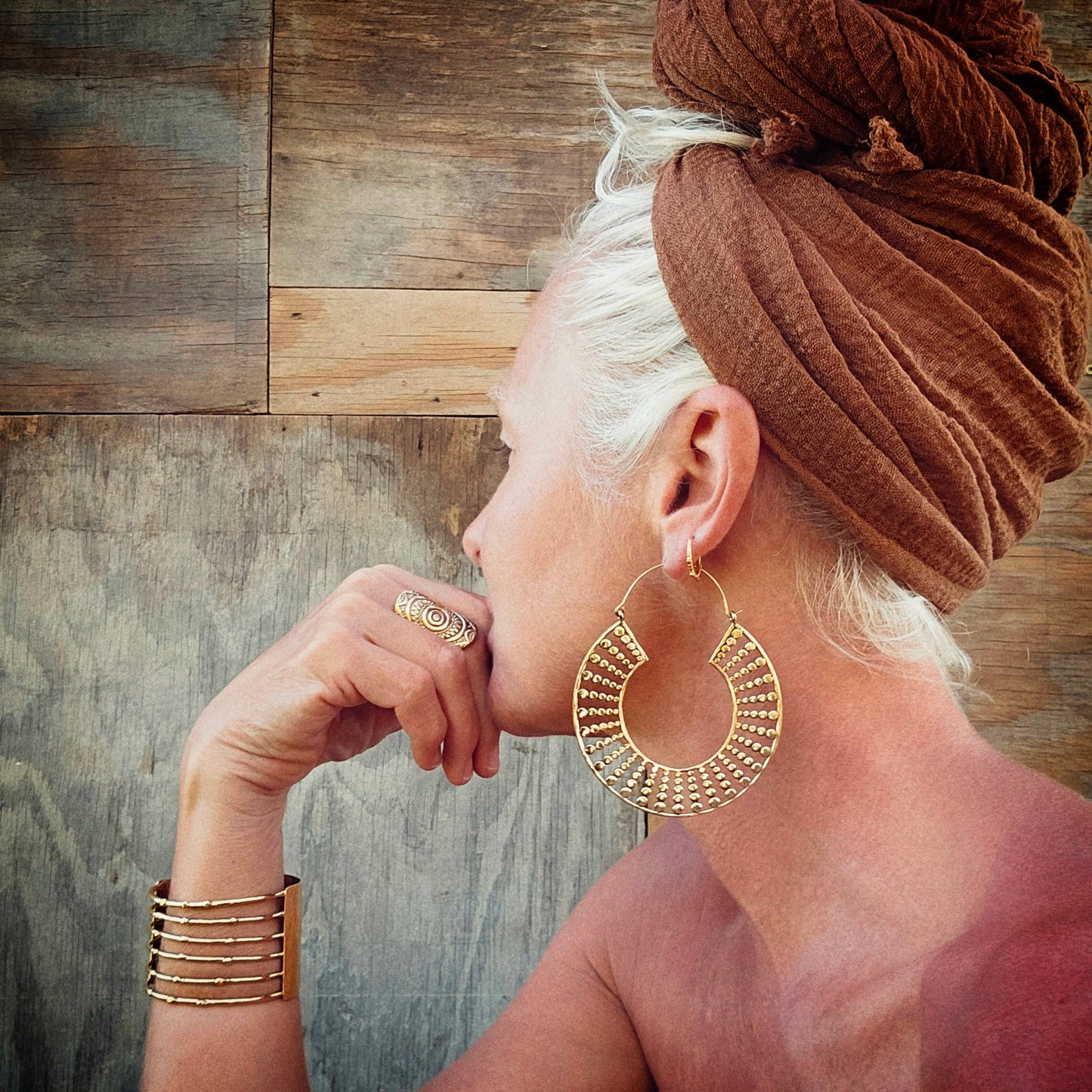 Brass big bold hoop earrings large dotted beaded style