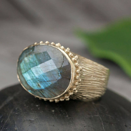 Large Brass Cocktail Ring Faceted Labradorite: 8