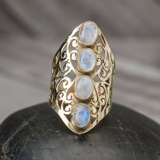 Filigree Brass Ring with 4 Moonstone