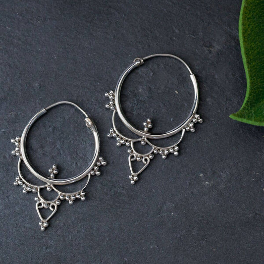 Sterling Silver Indian Decorated Drop Hoop Earring