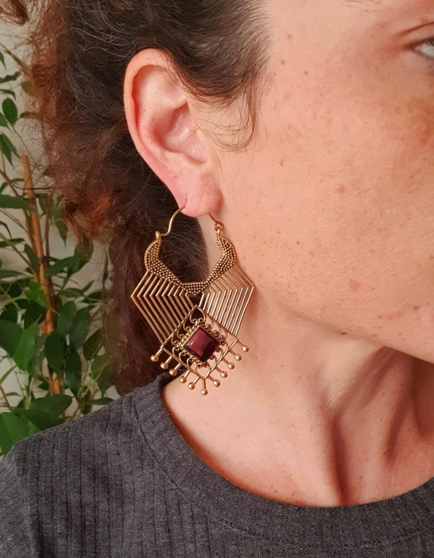 Ethnic Inca Turquoise Brass Earrings
