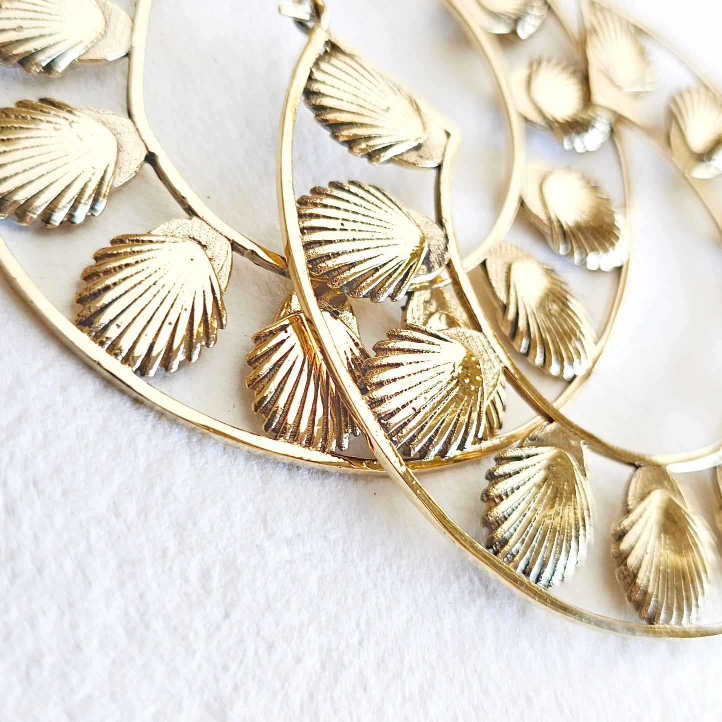 Brass big bold hoop earrings large seashells