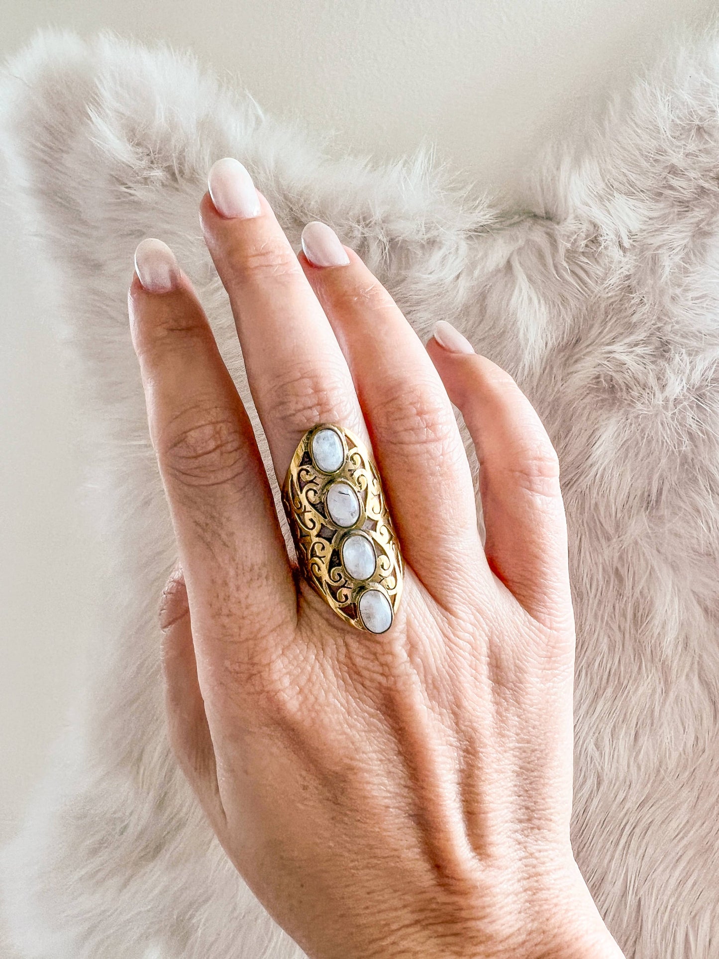 Filigree Brass Ring with 4 Moonstone