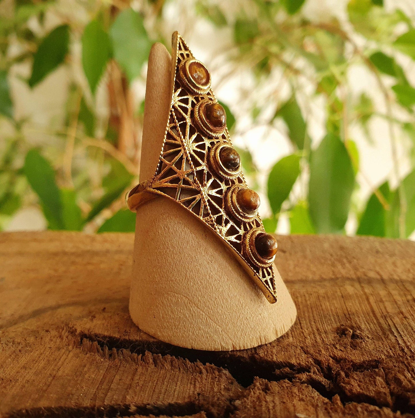 Brass Tiger Eye Geometric Diamond Shape Ring