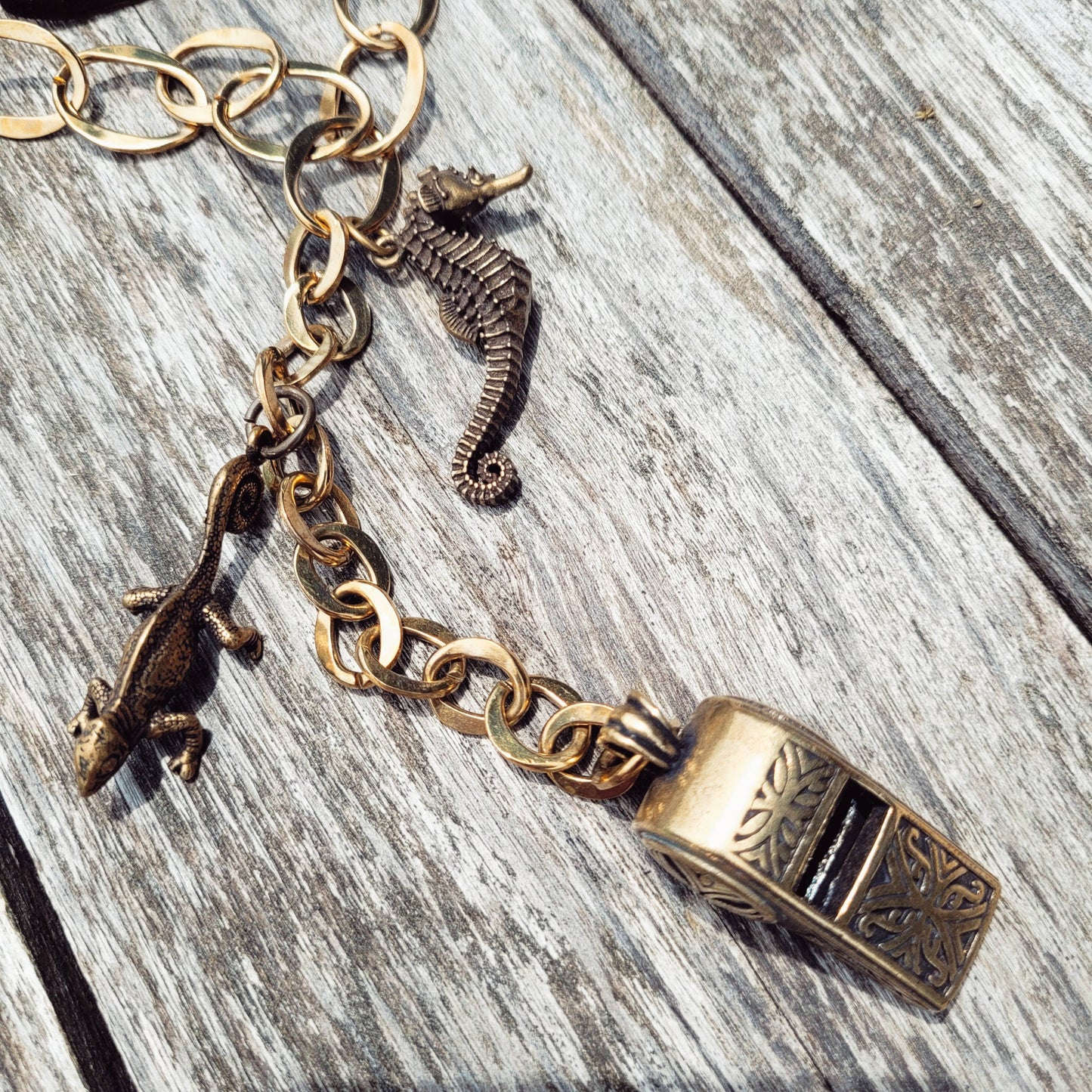 Brass whistle animal seahorse chain 3 styles charm necklace: All charms on chain