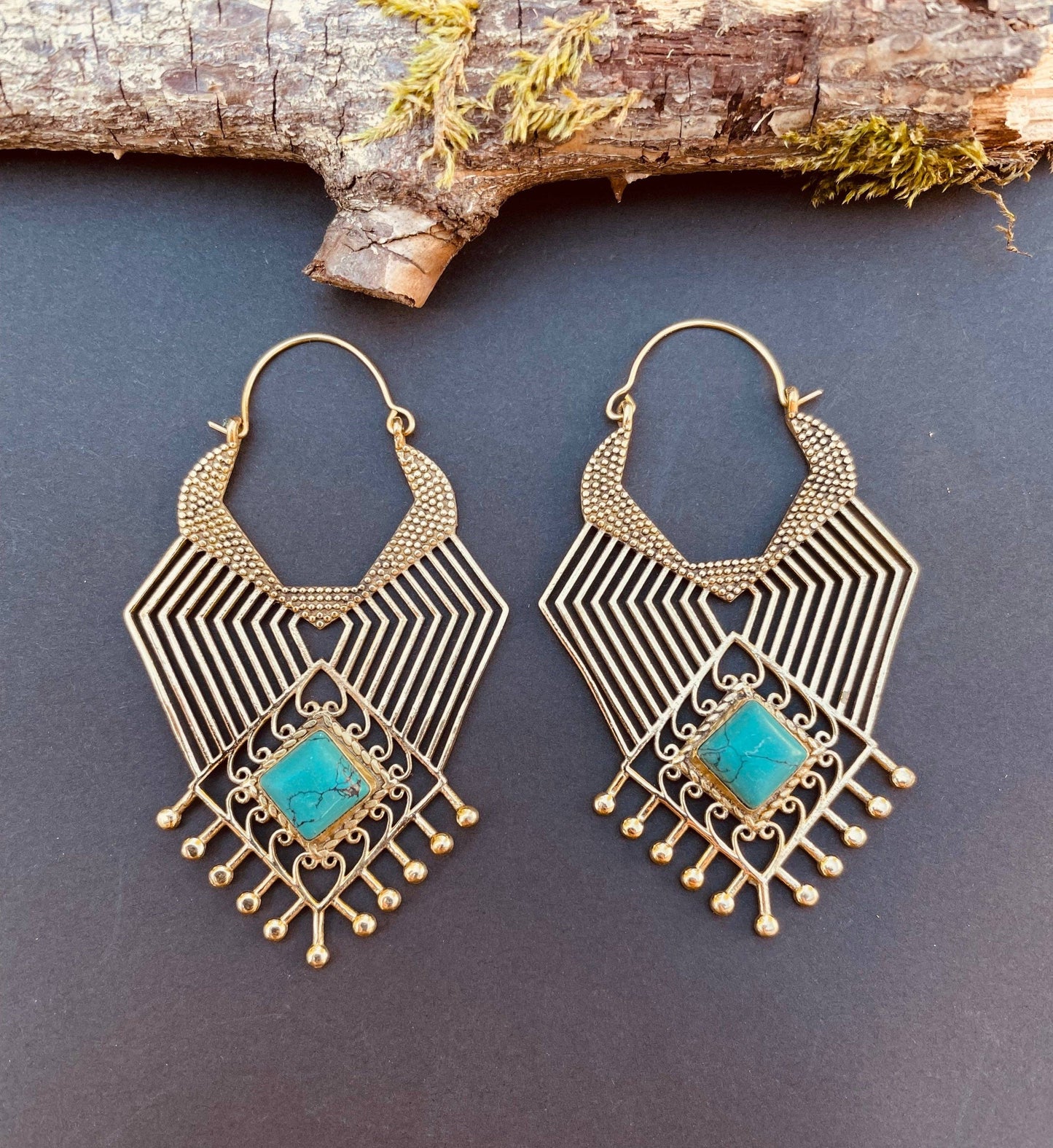 Ethnic Inca Turquoise Brass Earrings