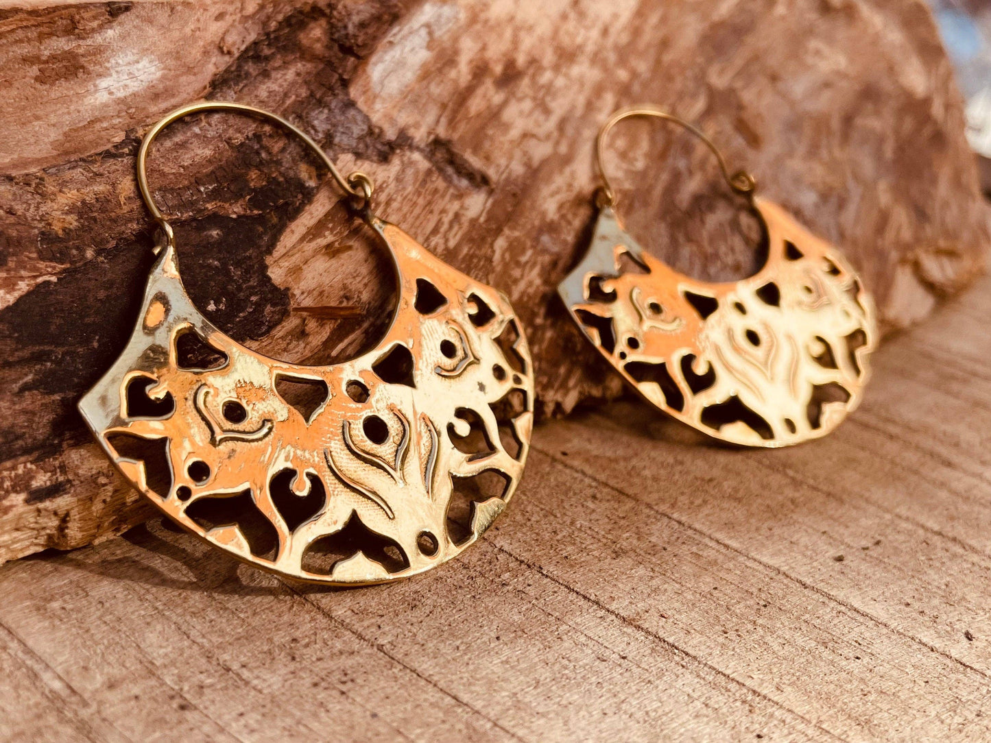 Large Boho Hoop Earrings Brass