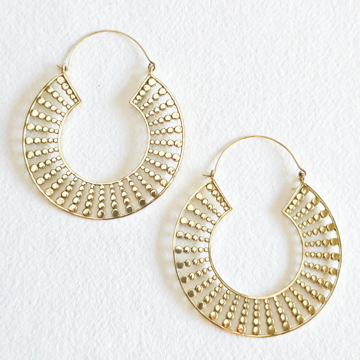 Brass big bold hoop earrings large dotted beaded style