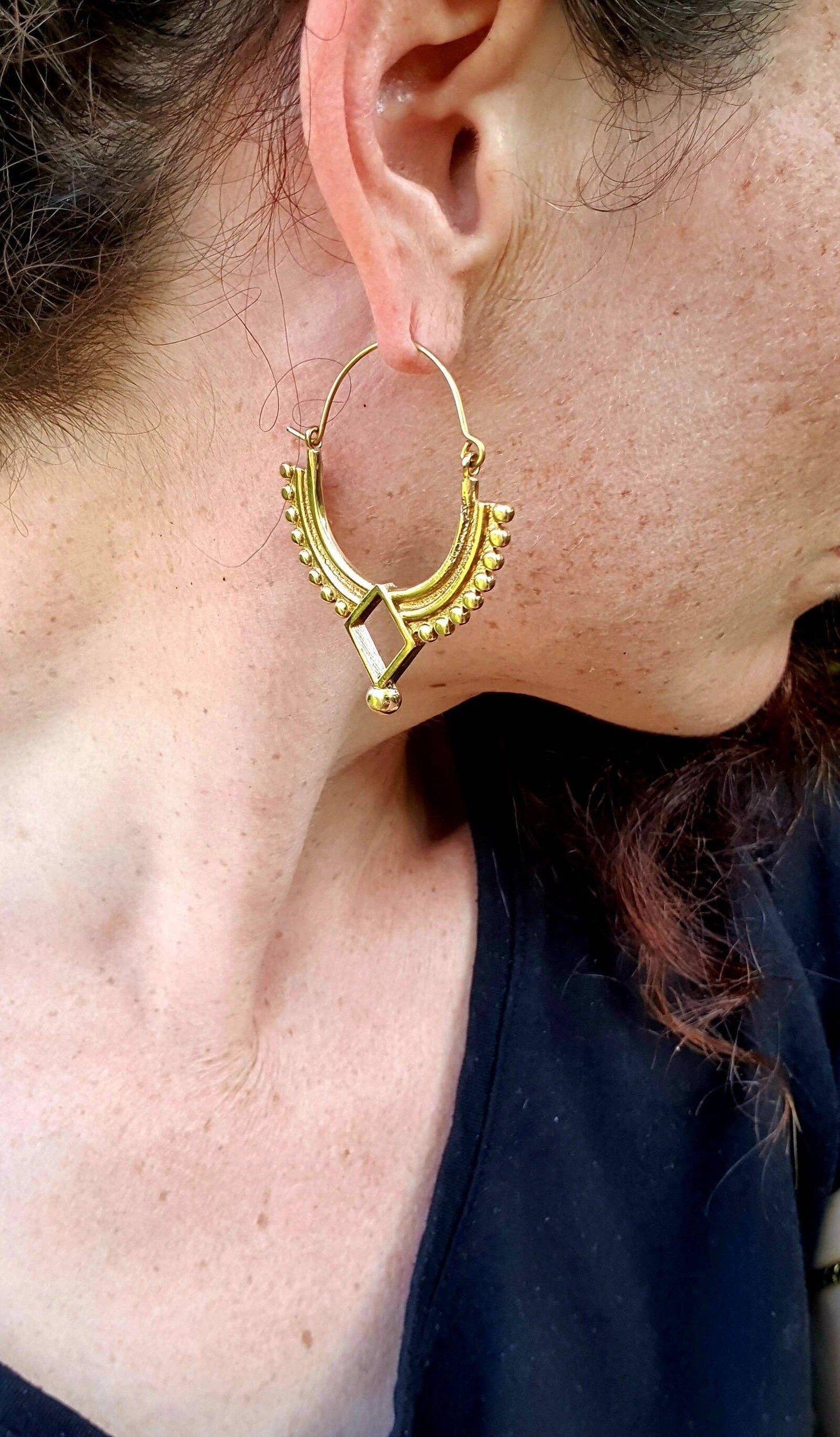 Golden Afghani Hoop Earrings; Ethnic, Geometric,  Small, Rustic, Yoga, Hippie, Gypsy, Pretty, Ssy, Boho, Bohemian, Festival