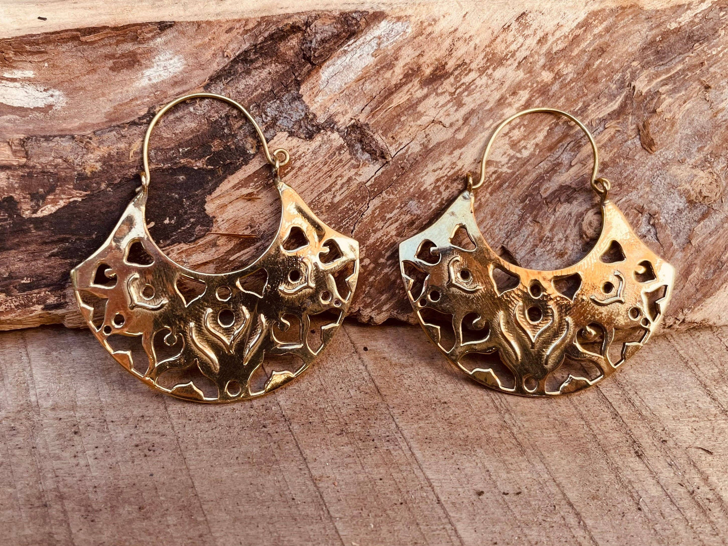 Large Boho Hoop Earrings Brass