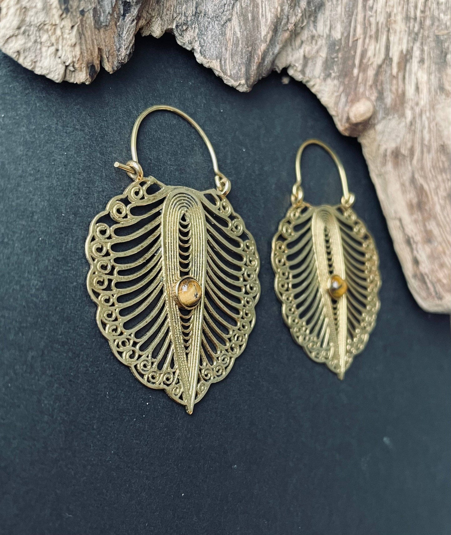 Boho Earrings Tiger's Eye Brass, Ethnic Statement Earrings, Bohemian Style