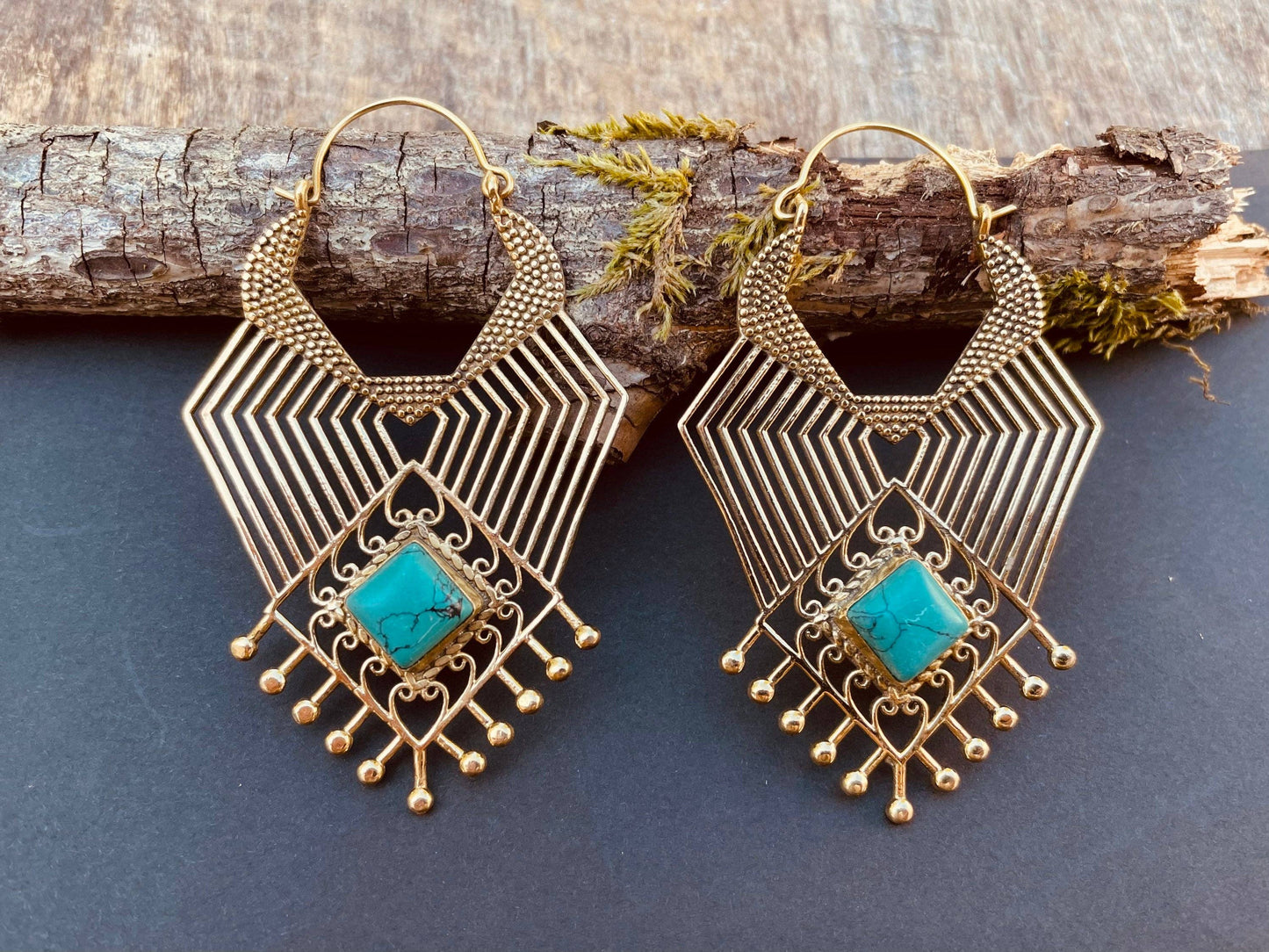 Ethnic Inca Turquoise Brass Earrings