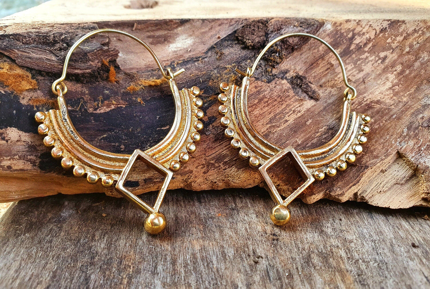 Golden Afghani Hoop Earrings; Ethnic, Geometric,  Small, Rustic, Yoga, Hippie, Gypsy, Pretty, Ssy, Boho, Bohemian, Festival