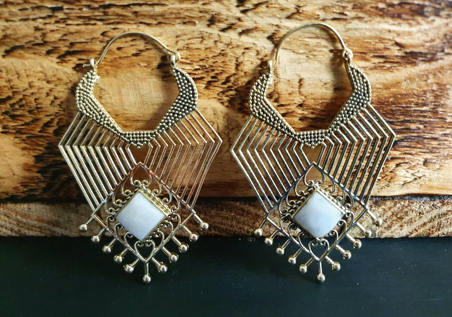 Ethnic Geometric Moonstone Brass Earrings