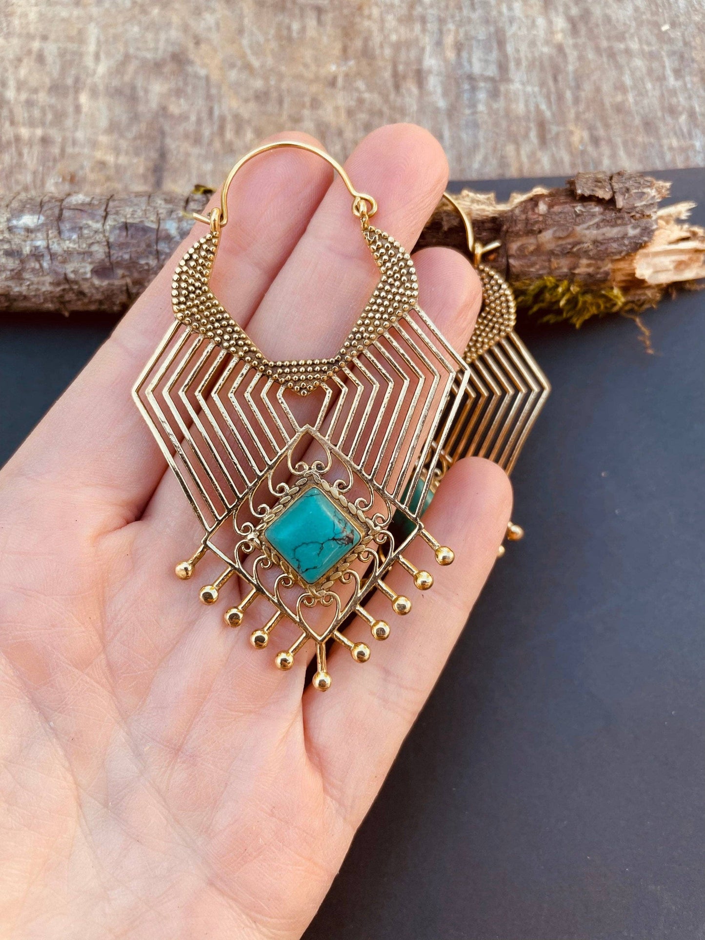 Ethnic Inca Turquoise Brass Earrings