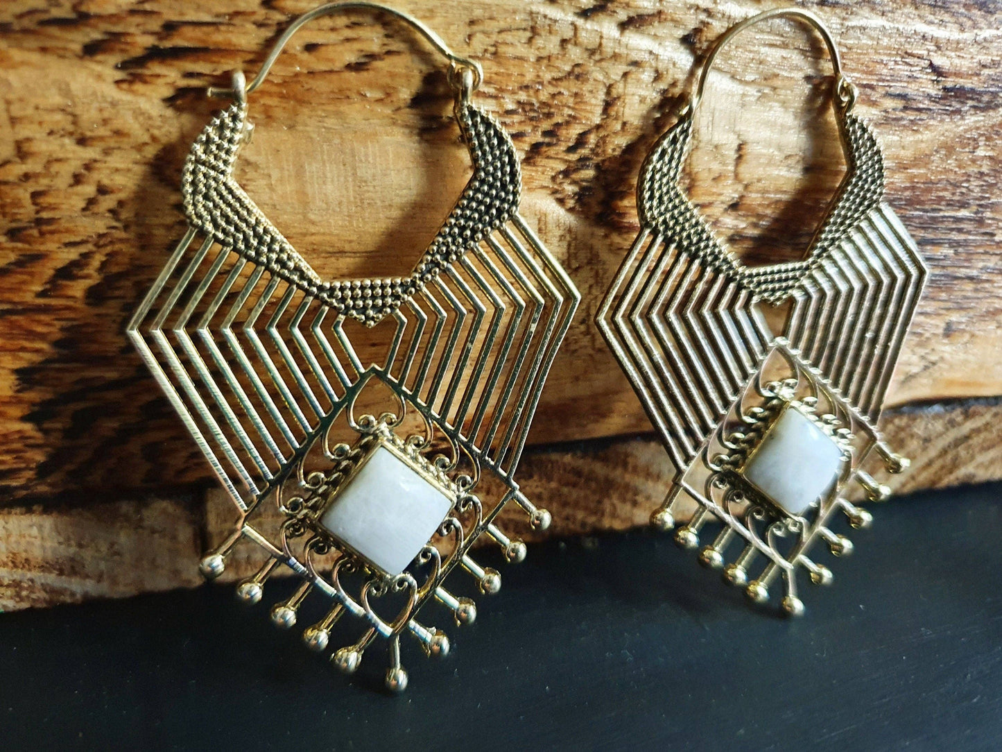 Ethnic Geometric Moonstone Brass Earrings