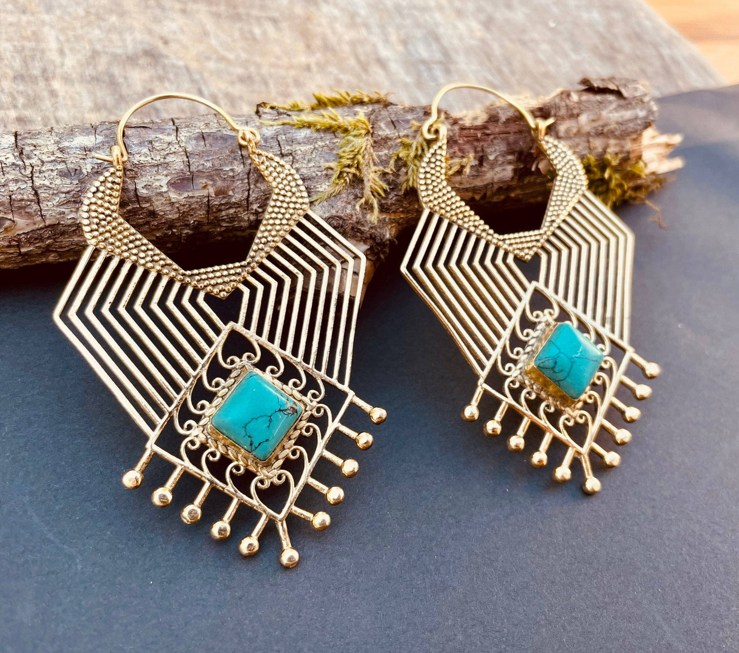 Ethnic Inca Turquoise Brass Earrings