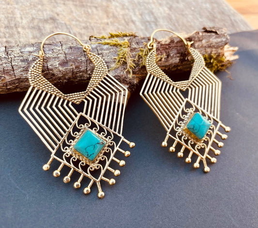 Ethnic Inca Turquoise Brass Earrings