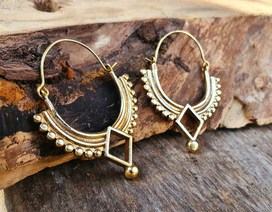 Golden Afghani Hoop Earrings; Ethnic, Geometric,  Small, Rustic, Yoga, Hippie, Gypsy, Pretty, Ssy, Boho, Bohemian, Festival