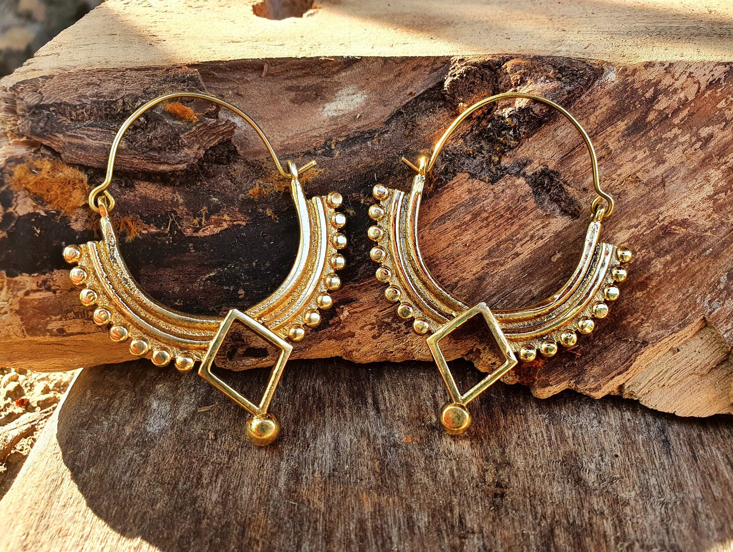 Golden Afghani Hoop Earrings; Ethnic, Geometric,  Small, Rustic, Yoga, Hippie, Gypsy, Pretty, Ssy, Boho, Bohemian, Festival