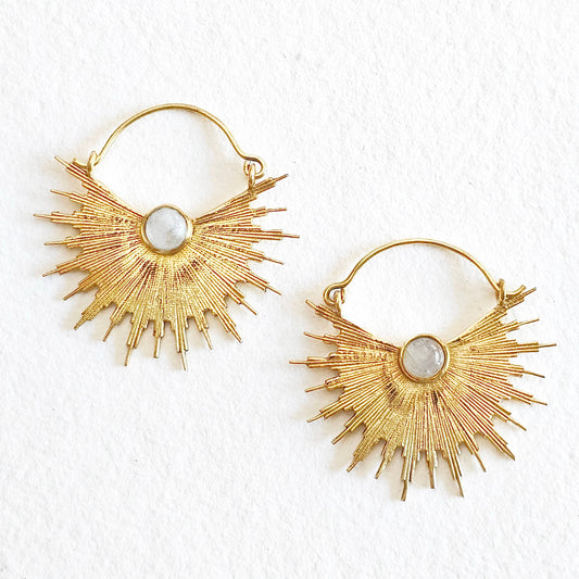 Brass starburst sun moonstone hoop  earrings