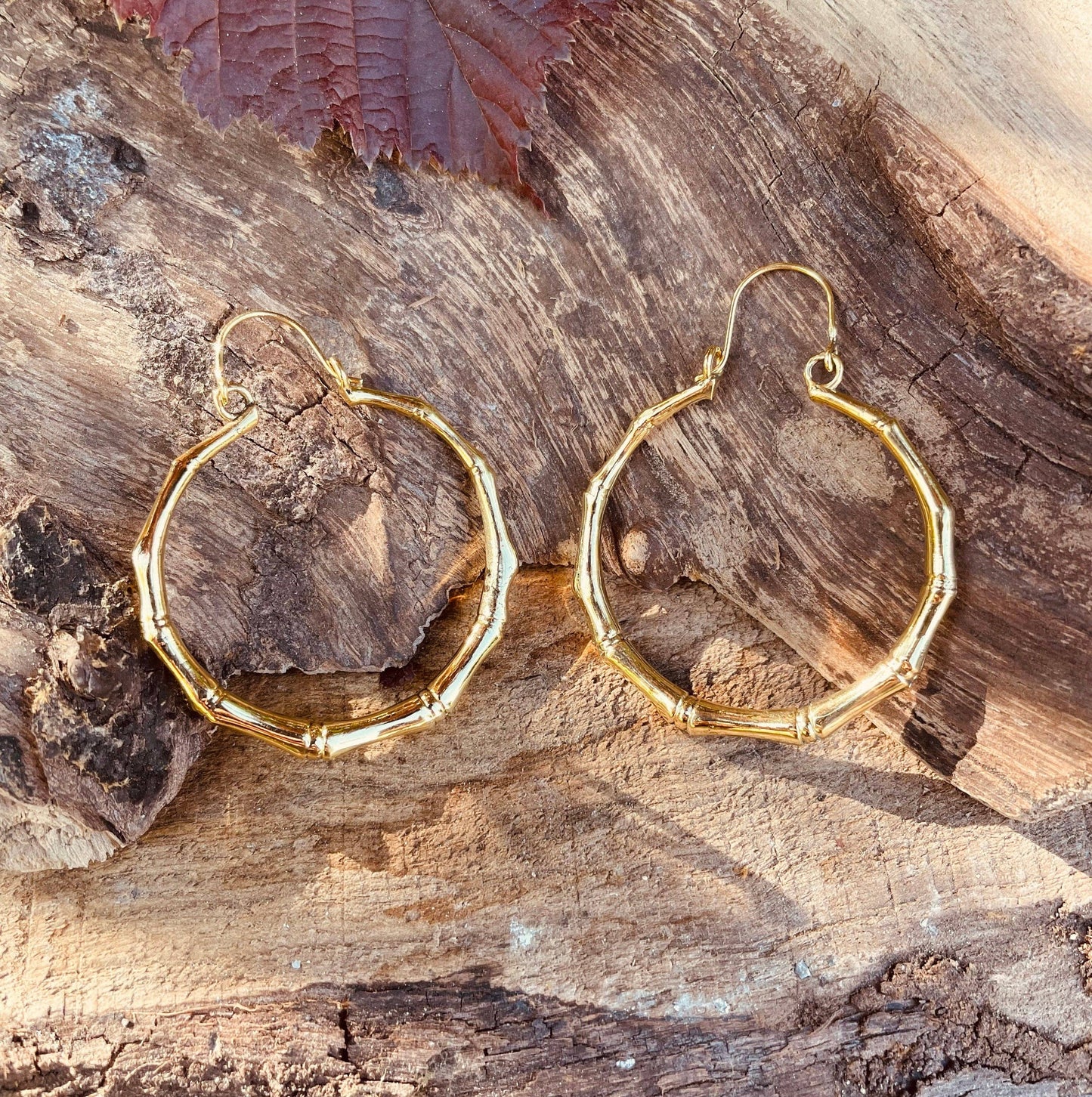 Golden Bamboo Hoop Earrings; Ethnic, Geometric,  Small, Rustic, Yoga, Hippie, Gypsy, Pretty, Ssy, Boho, Bohemian, Festival