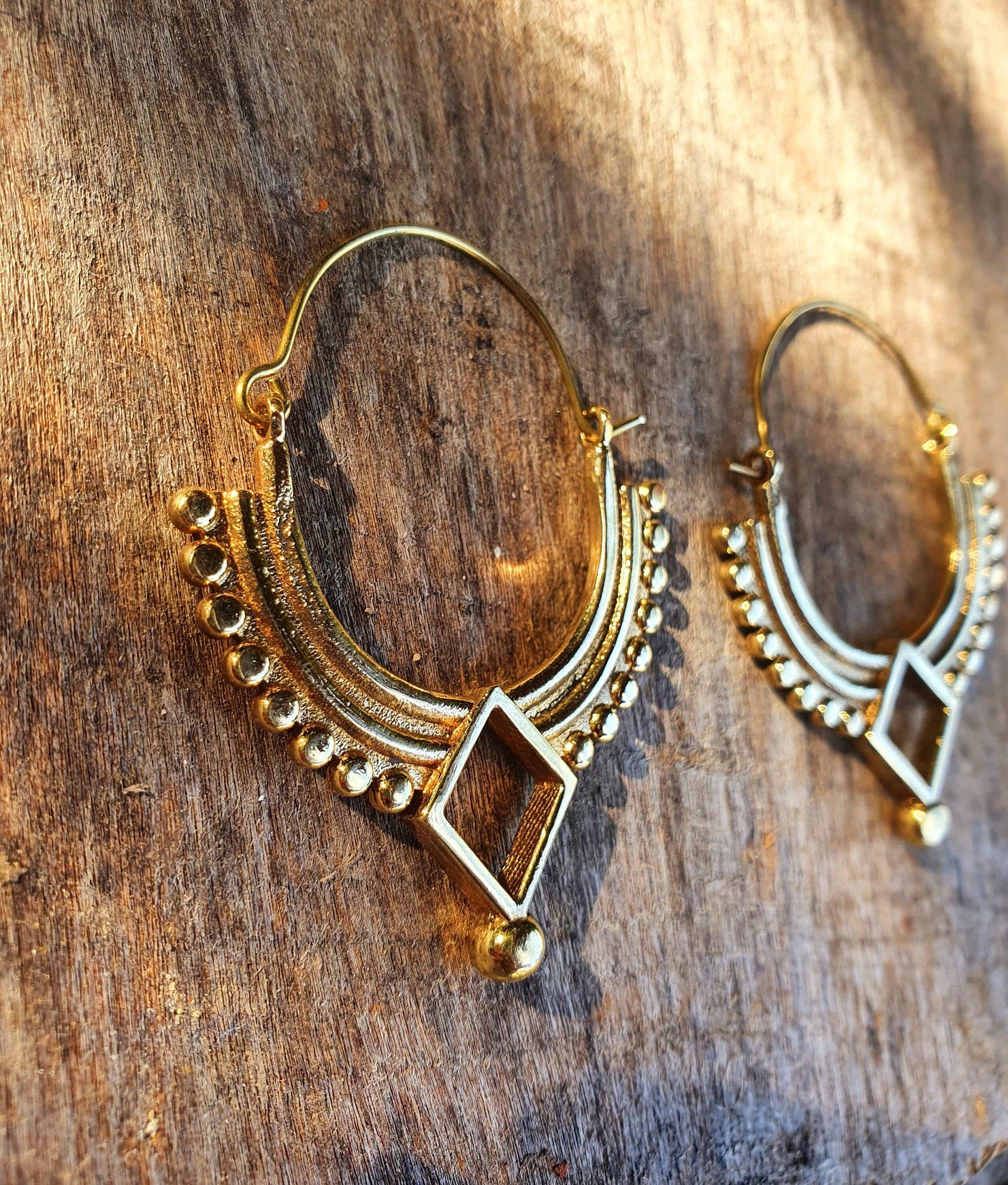 Golden Afghani Hoop Earrings; Ethnic, Geometric,  Small, Rustic, Yoga, Hippie, Gypsy, Pretty, Ssy, Boho, Bohemian, Festival