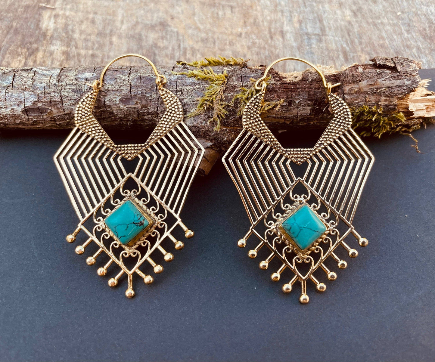 Ethnic Inca Turquoise Brass Earrings