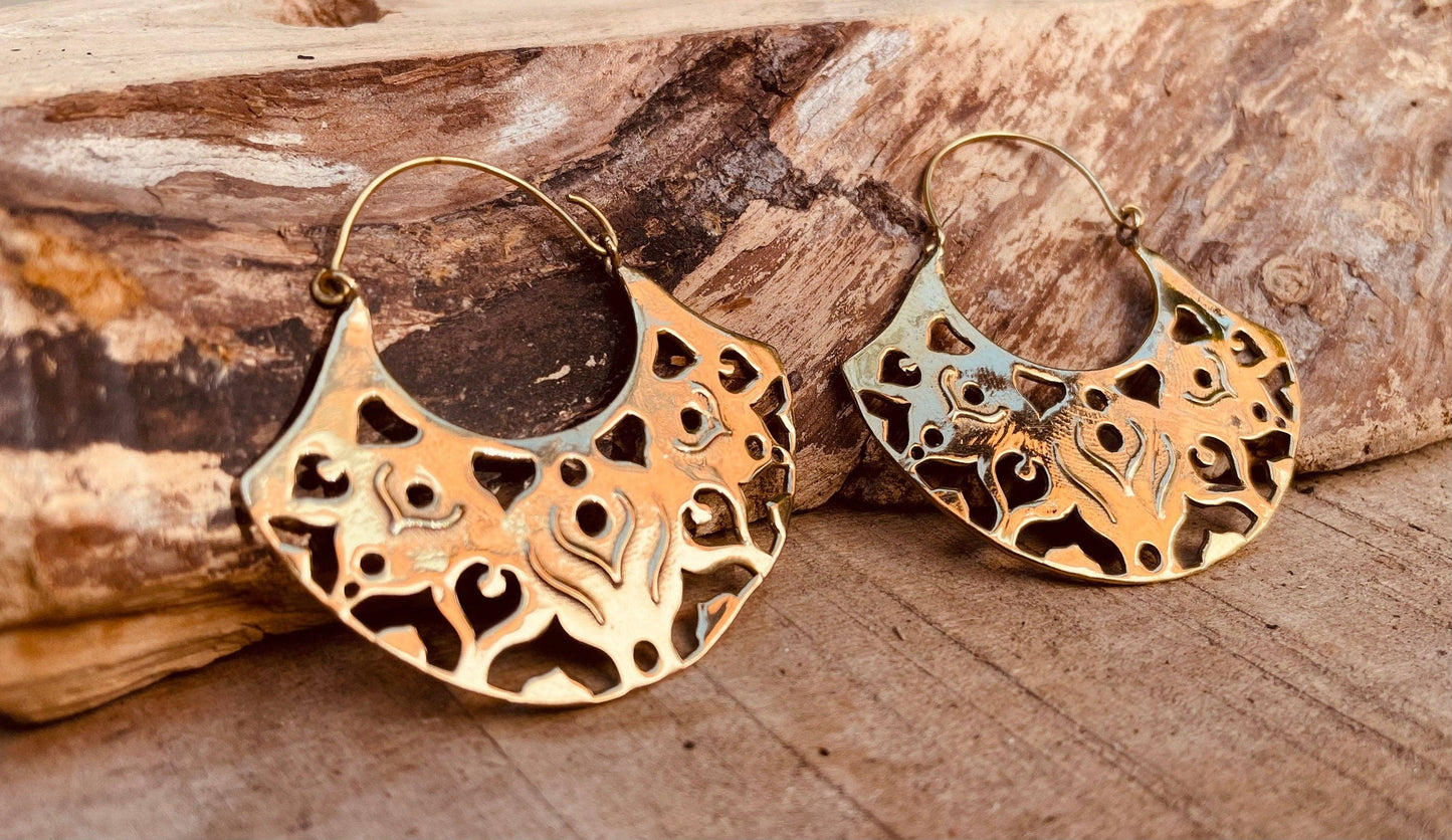 Large Boho Hoop Earrings Brass