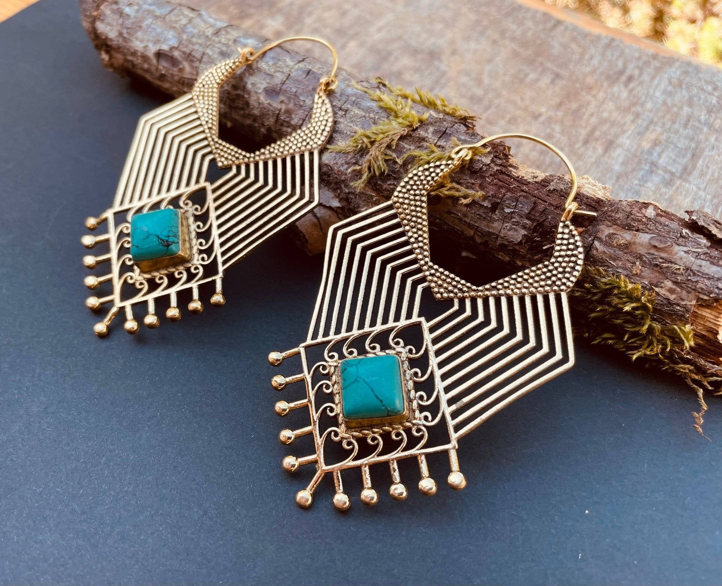 Ethnic Inca Turquoise Brass Earrings
