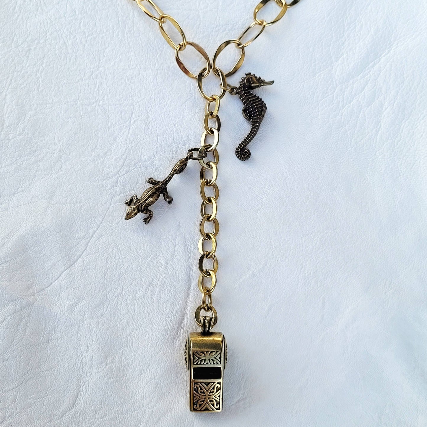 Brass whistle animal seahorse chain 3 styles charm necklace: All charms on chain