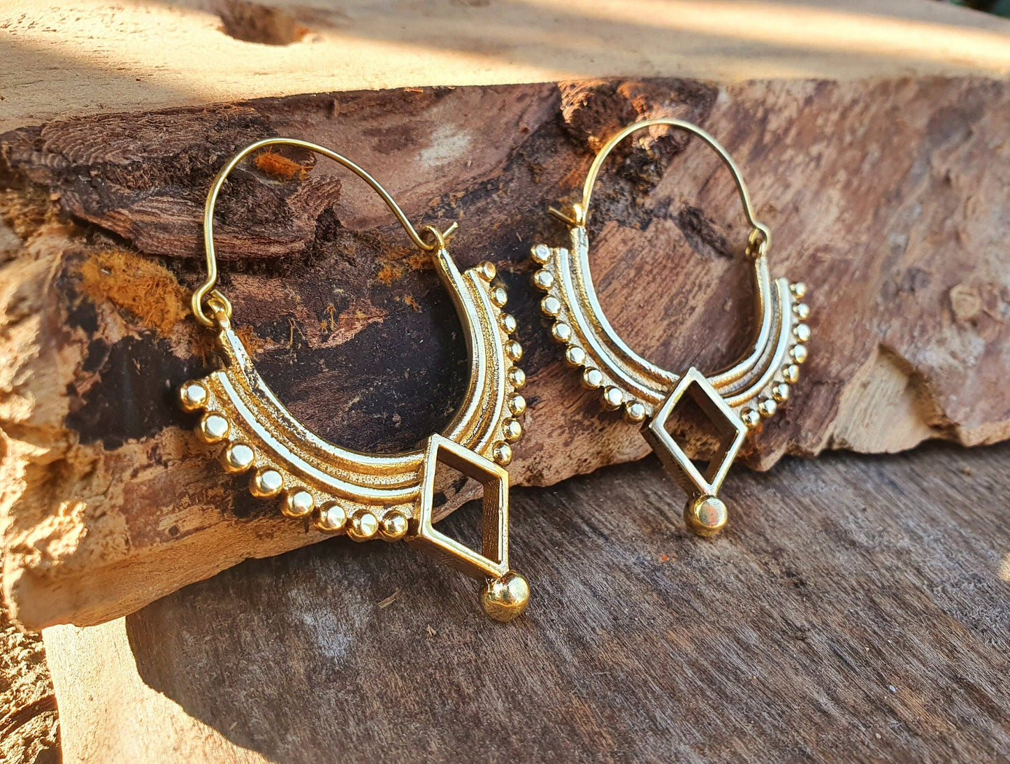 Golden Afghani Hoop Earrings; Ethnic, Geometric,  Small, Rustic, Yoga, Hippie, Gypsy, Pretty, Ssy, Boho, Bohemian, Festival