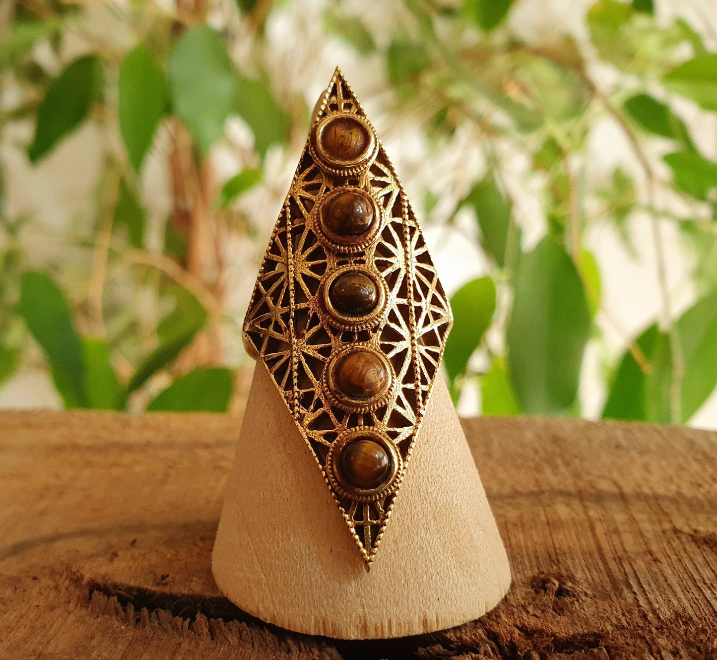 Brass Tiger Eye Geometric Diamond Shape Ring
