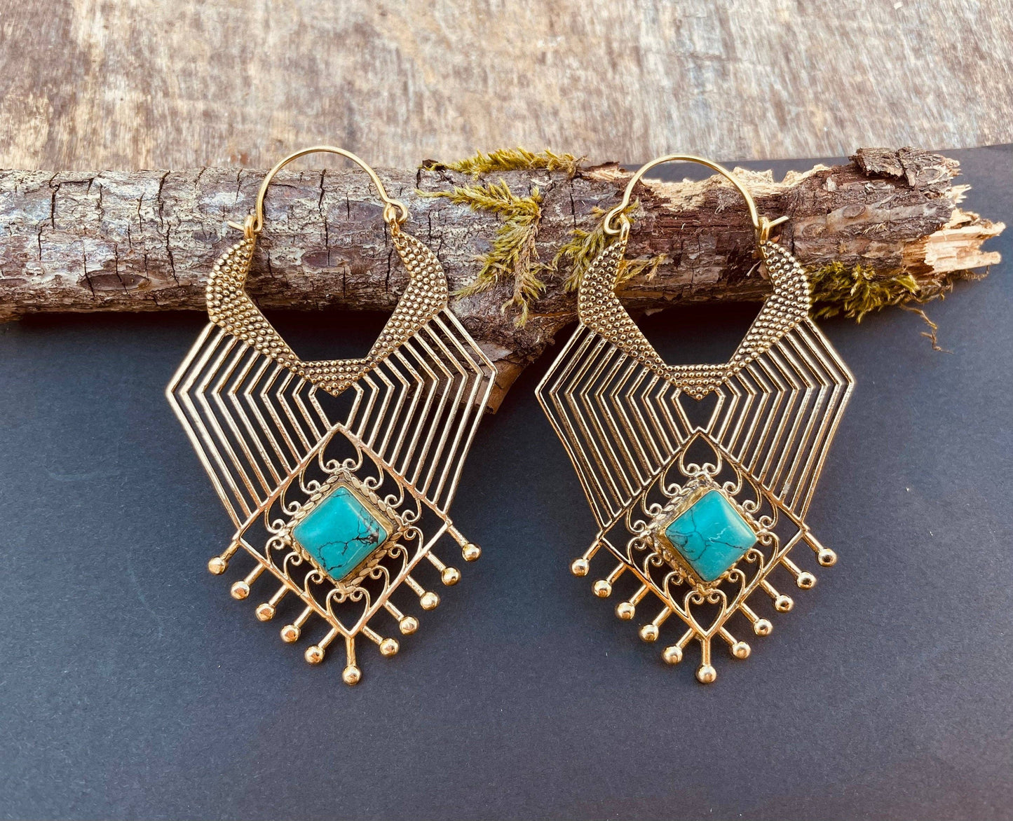 Ethnic Inca Turquoise Brass Earrings