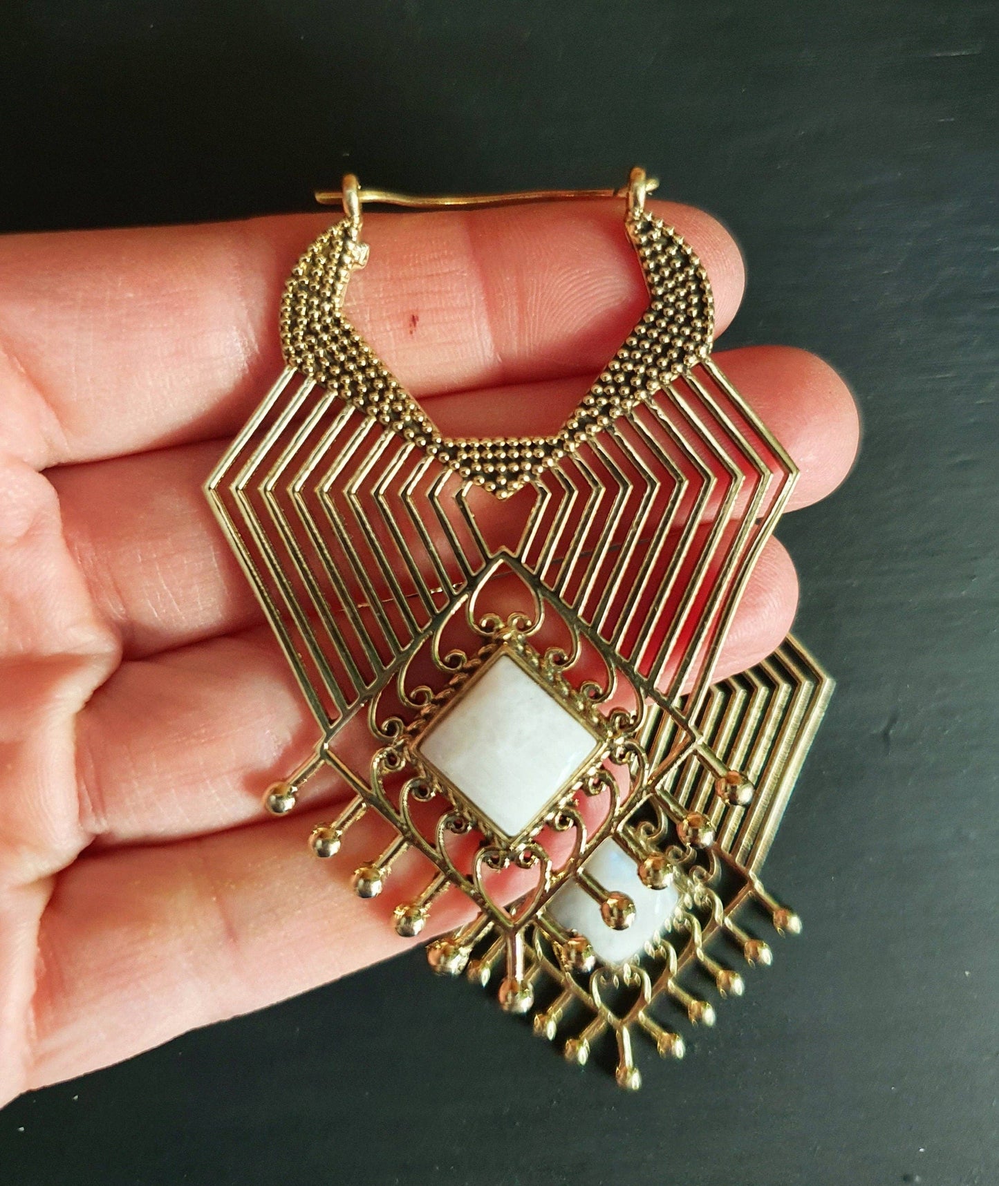 Ethnic Geometric Moonstone Brass Earrings