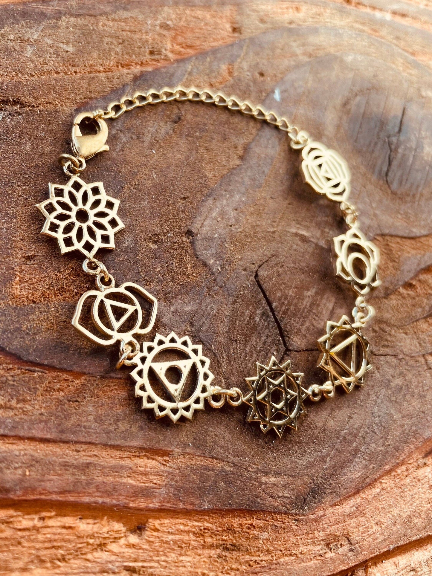 Gold Seven 7 Chakras Bracelet Brass Chain